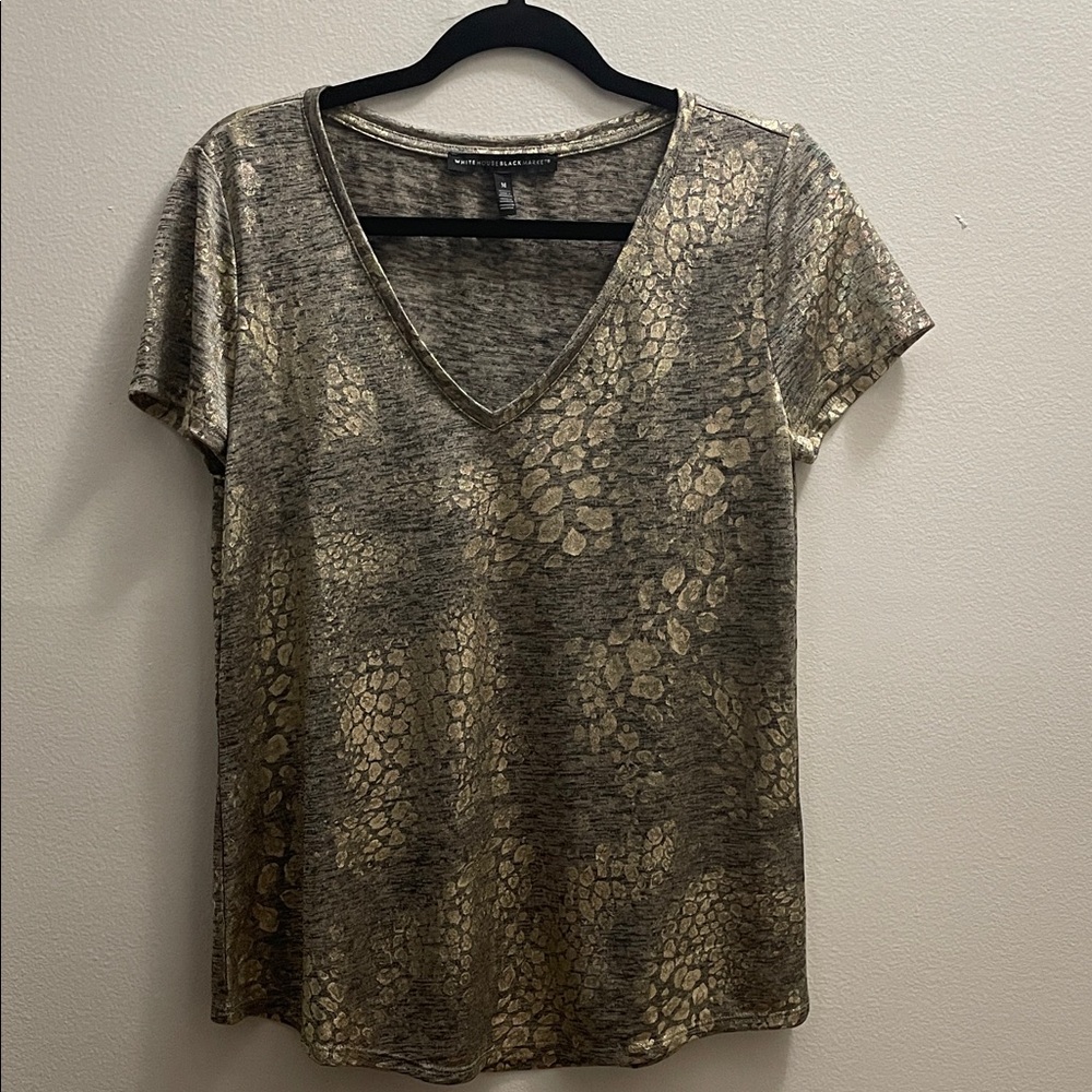 WHBM Gold Metallic Animal-Print V-Neck Short Sleeve Top. Size Med